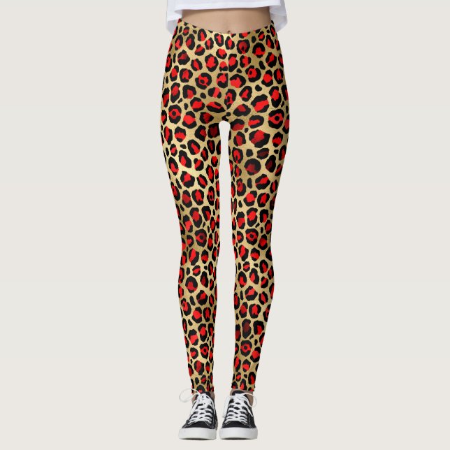 Legging Manchas na moda vermelho-escarlate e dourado-folha (Frente)