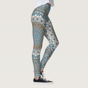 Legging Mandalá Azul e Bege com Padrão Geométrico Intricad