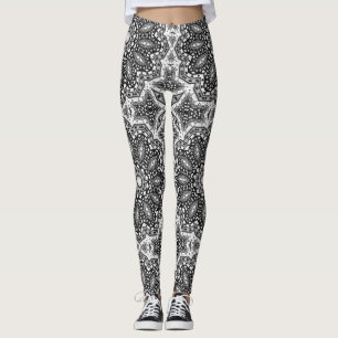Legging Mandala branca preta, caleidoscópio, ornamento red