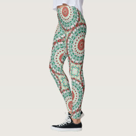 Legging Mandala de Feriado em Vermelho, Verde e Branco de