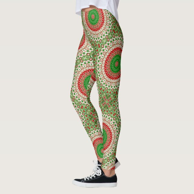 Legging Mandala de Natal clássico em vermelho, verde e Dou (Esquerda)
