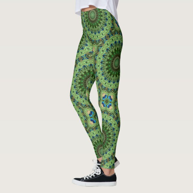 Legging Mandala de Pena de Pavão Esmeralda e Azul Simetria (Esquerda)
