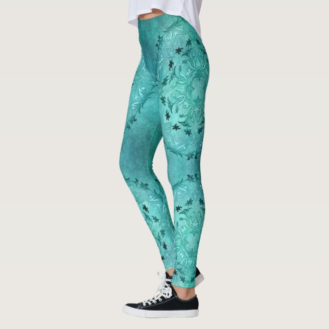Legging Mandala floral étnica do grunge de turquesa (Esquerda)
