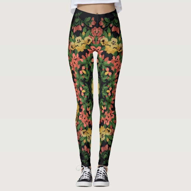 Legging Mandala Floral: vermelha, vindima amarela. (Frente)
