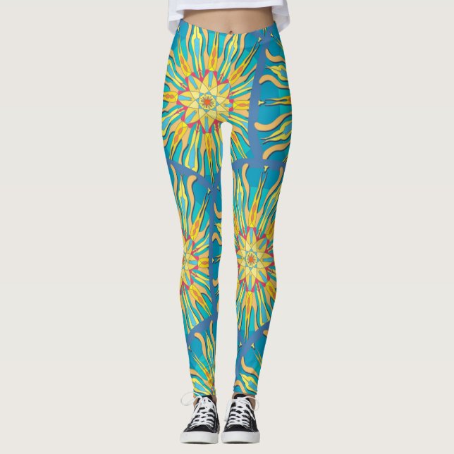 Legging Mandala Sun Deusa, Reds Yellows em Aqua (Frente)