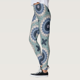 Legging Mandalas Azul e Turquesa com Simetria Geométrica