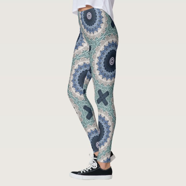 Legging Mandalas Azul e Turquesa com Simetria Geométrica (Esquerda)