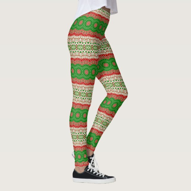 Legging Mandalas Clássicas de Feriado em Vermelho, Verde e (Direita)