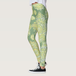 Legging Mandalas Desenhadas à Mão Boho Verde Salvia