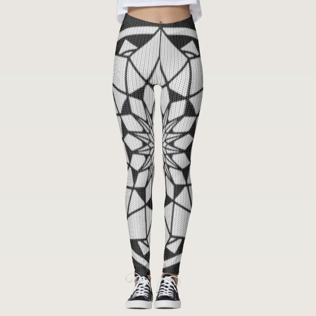 Legging Mandalas Estrelados tricô preto e branco (Frente)