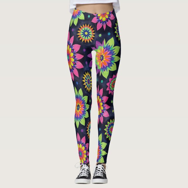 Legging Mandalas Florais Neon Padrão Contínuo (Frente)