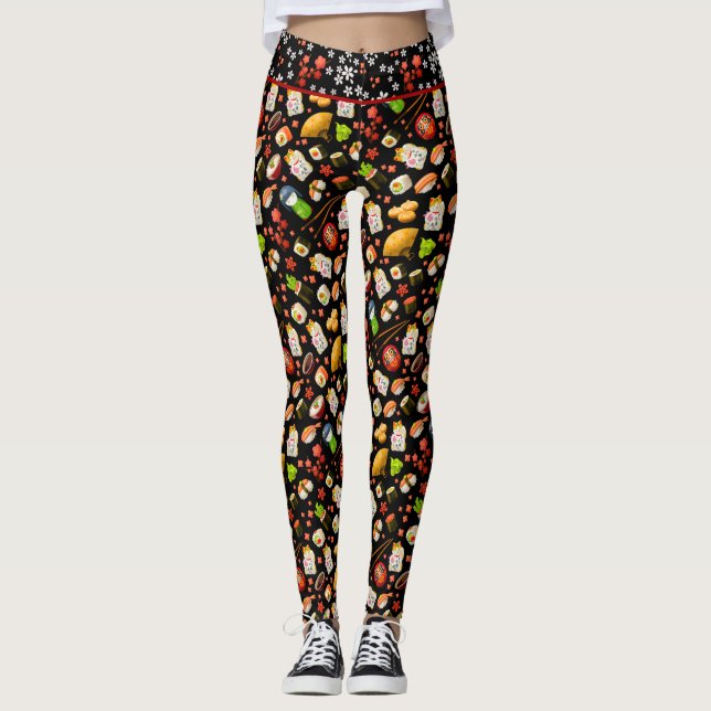 Legging Maneki Neko Cat e Sushi, japonês negro (Frente)
