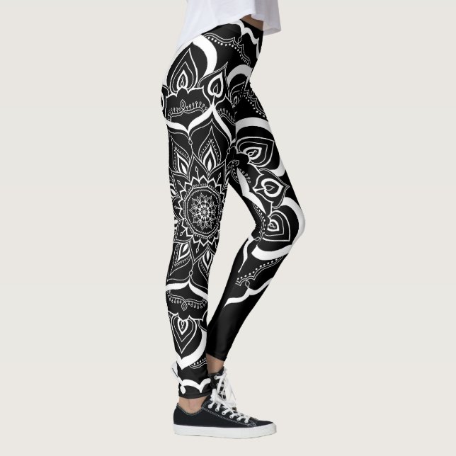 Legging Mão boémia branco tirado do preto da mandala (Direita)