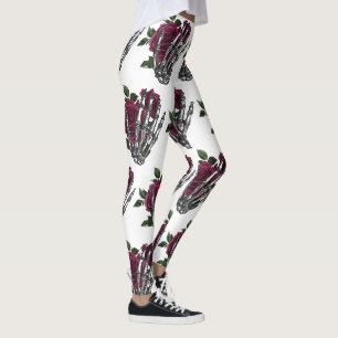 Legging Mão Esquelética Floral Borgonha Gótica