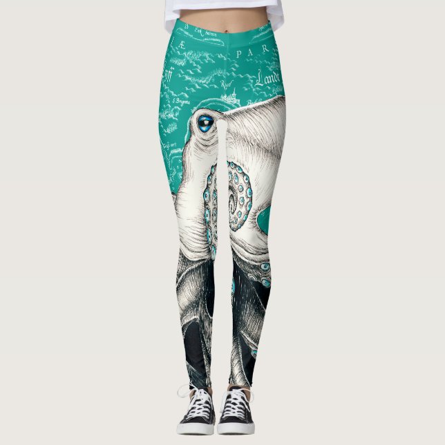 Legging Mapa de Vintagem Teal de Octopus Branco (Frente)