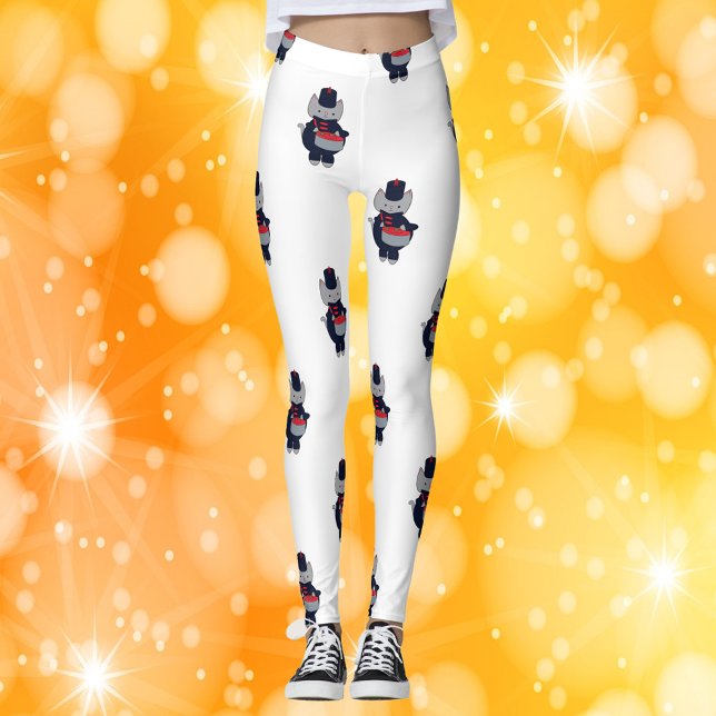 Legging Marching Band Snare Drum Navy Blue Red (A pair of leggings featuring a pattern of gray cats wearing a navy blue & red marching band uniform.)