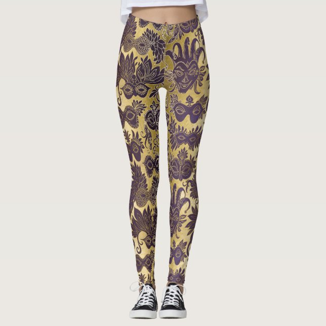 Legging Mardi Gras Dourado e Roxo Máscaras (Frente)
