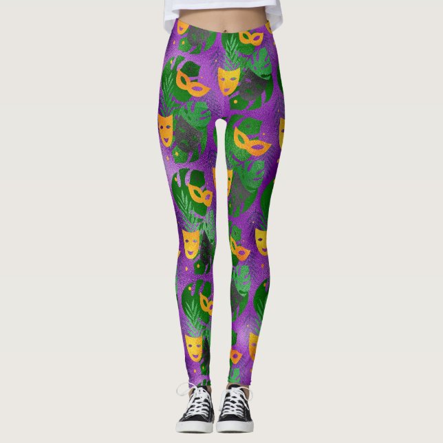 Legging Mardi Gras Leggings, Mardi Gras Máscaras e Folhas (Frente)