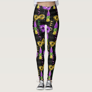 Legging Mardi Gras Máscara Padrão Dourado Roxo