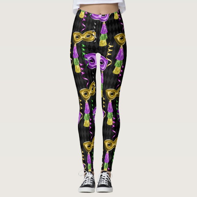 Legging Mardi Gras Máscara Padrão Dourado Roxo (Frente)