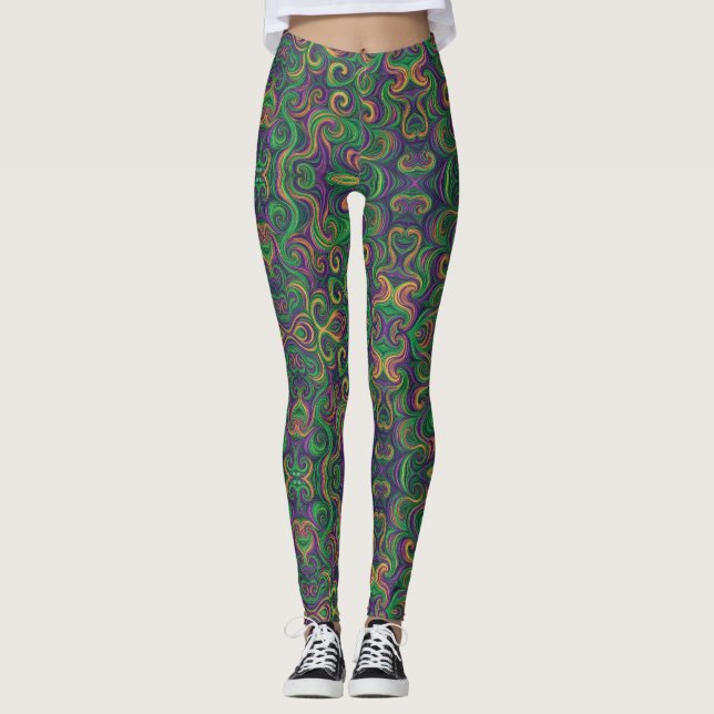Legging Mardi Gras verde-roxo espirra abstrato (Frente)
