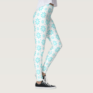 Legging Margarida delicada branca e turquesa, padrão de po