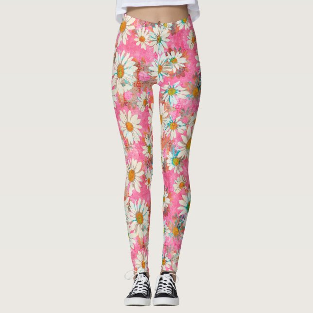Legging Margaridas brancas no teste padrão floral (Frente)
