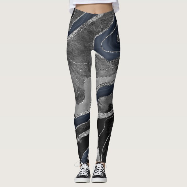Legging Marinho Azul Preto Marble Agate Silver Glitter Gla (Frente)