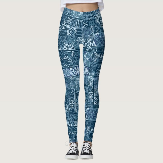 Legging Marinho Azul Tapa: Abstrato Tecido Tribal (Frente)