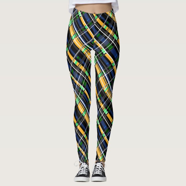 Legging marinho brilhante com abstrato striping  amarelo (Frente)