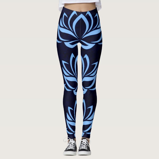 Legging Marinho e luz - caneleiras do design de Lotus azul (Frente)