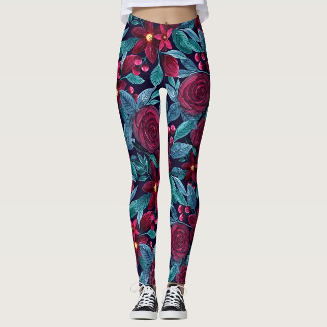Legging Marinho Elegante Borgonha de Natal Floral (Frente)