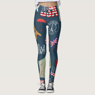 Legging Marinho único moderno azul Paris Londres USA mapa 