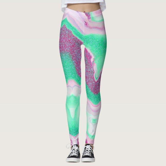 Legging Mármaco com brilho | Verde fresco, rosa magenta (Frente)