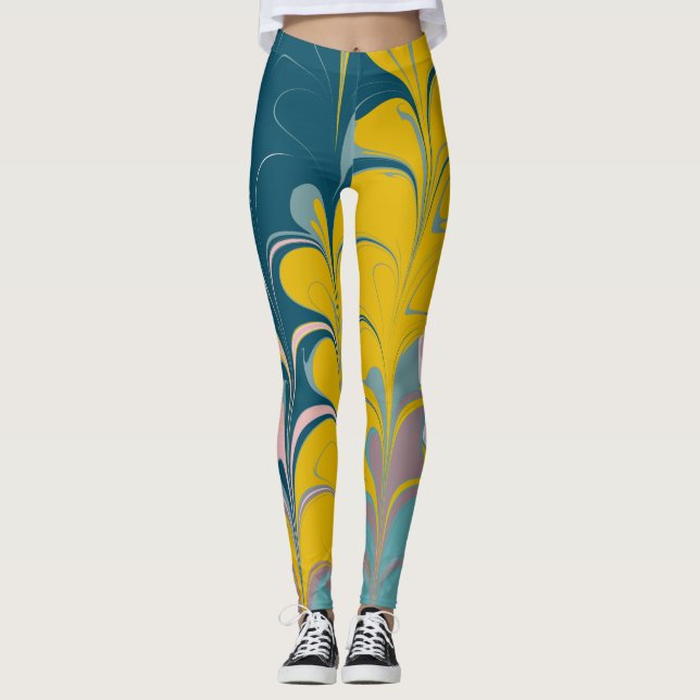 Legging Mármore Abstrato Moderno Padrão Ebru Azul Turquesa (Frente)