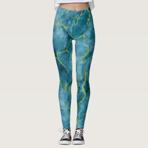 Legging Mármore Azul-Teal com Ventos Dourados