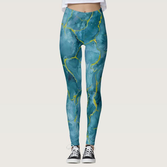 Legging Mármore Azul-Teal com Ventos Dourados (Frente)