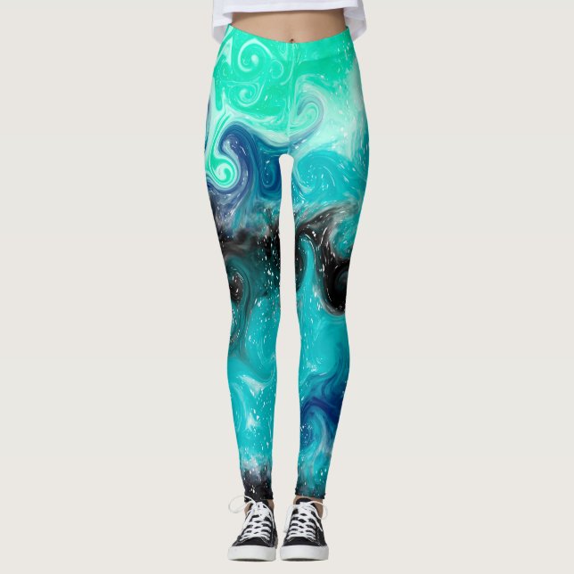 Legging Mármore Azul, Teal e Fluido Negro (Frente)