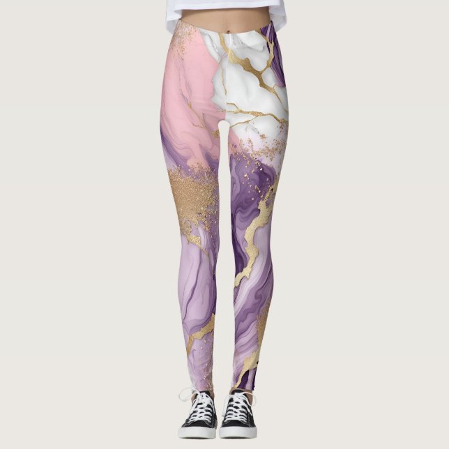 Legging Mármore de luxo, brilho, rosa, roxo e ouro (Frente)