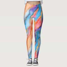 Legging Mármore Deslumbrante em Azuis, Rosas e Laranjas