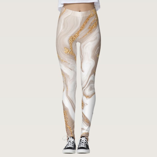 Legging Mármore líquido bege, arte da linha de ouro. (Frente)