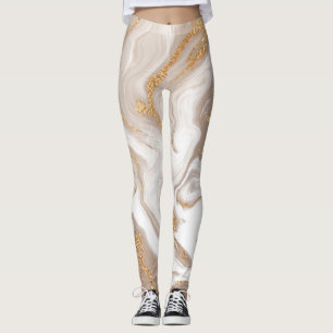 Legging Mármore líquido bege, arte da linha de ouro.