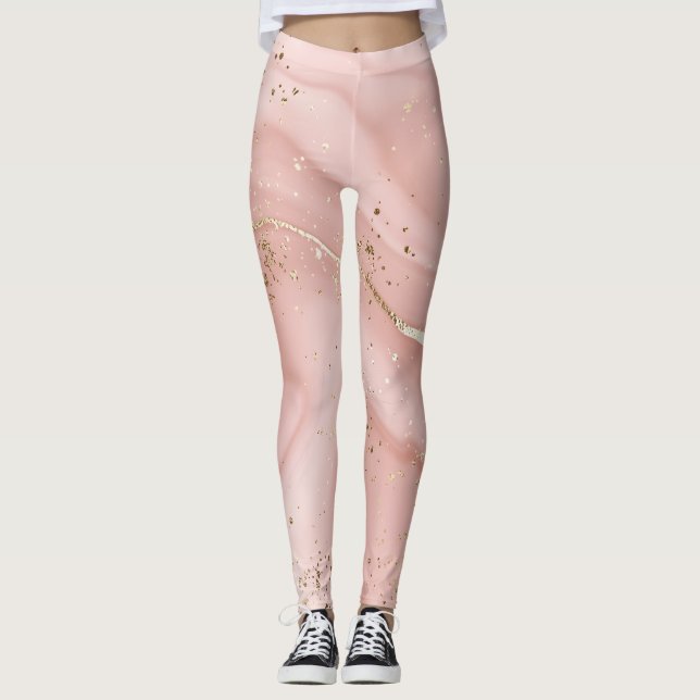 Legging Mármore Rosa Bege com Glitter Dourado Padrão Abstr (Frente)