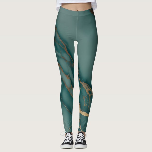 Legging Mármore Teal Profundo + Veias Douradas Luxo Ajuste (Frente)