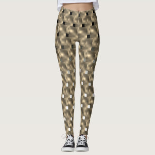 Legging marrom, dourado, retângulos, preto, branco