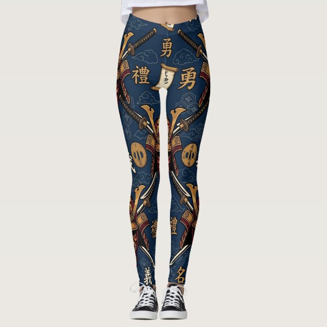Legging Máscara de Samurai Japonês e Padrão de Katana (Frente)