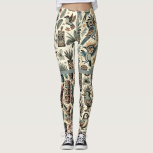 Legging Máscaras e Pássaros Tiki Tropicais Vintage Verde C