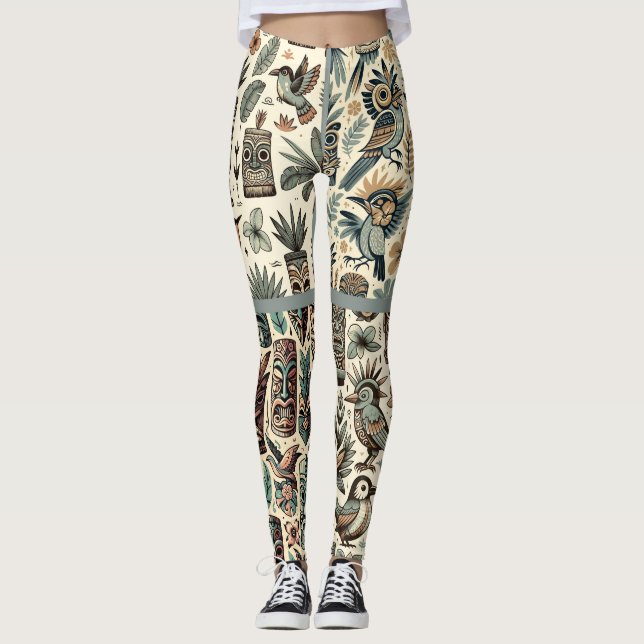 Legging Máscaras tropicais e aves Cinzas verdes (Frente)