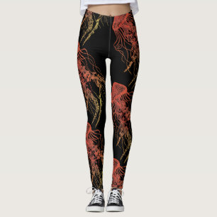 Legging Medusa alaranjadas, caneleiras pretas vermelhas,