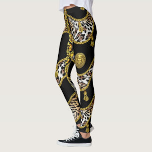 Legging Medusa Exótica Leopardo e Dourado Tassel Preto
